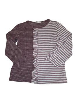 Trend Blossoms  5/6 Long Sleeve Ruffle Top S Purple  White Stripes Print 4345